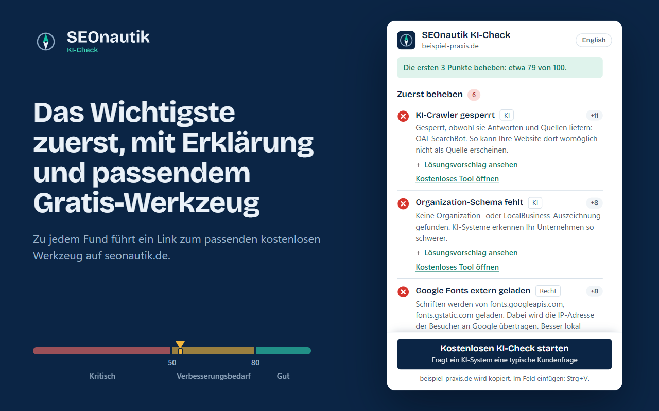 Popup der Erweiterung mit der Liste „Zuerst beheben“: jeder Fund mit Erklärung und dem passenden kostenlosen Werkzeug.